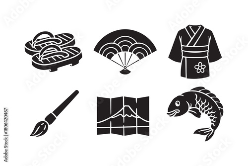 Japan themed items with sandal, fan, kimono, brush, poster, koi fish silhouette icon set for education print and merchandise. Traditional japan objects solid symbol design pack. Vector Illustration