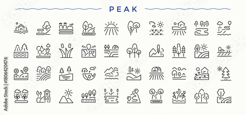 Peak icon set. Containing tree, natural, eco, plant, nature. Ecology linear icon set. Set of line pictogram. Vector illustration in modern line style.