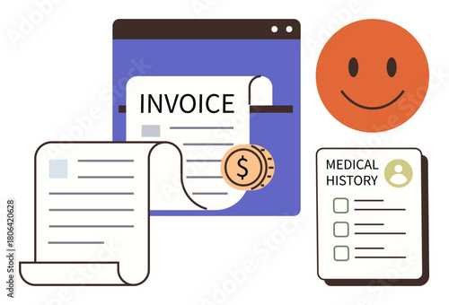 Invoice papers with a dollar coin, medical history file, and smile face. Ideal for healthcare services, billing management, digital records, finance, patient care, organization and simple flat