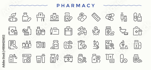 Pharmacy icon set. It contains symbols to syrup, pharmaceutical, vitamin, tablet, cap, dose and more. Minimalist editable vector stroke. Art and illustration. Medical icon set.