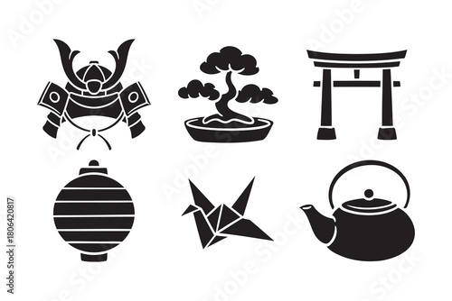 Traditional japan objects with helmet, bonsai, gate, lantern, origami, kettle solid symbol set for education print and merchandise. Japan themed item silhouette icon design pack. Vector Illustration