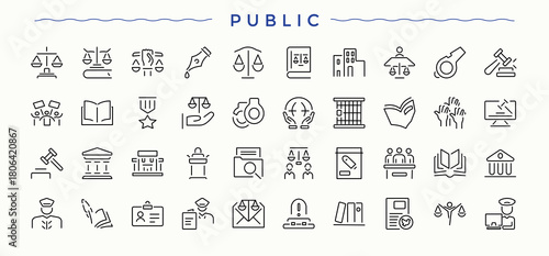 Public Safety linear icon set. Contain linear symbols service, protection, safety, security and more. Insurance icon collection. Simple line vector icons. Vector illustration in modern line style.