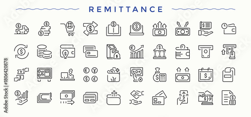 Remittance vector icon set. Modern linear icons. Credit vector line icon set. Pack of dollar, finance, coin, wallet, payment and more.