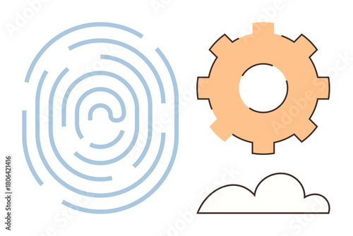 Fingerprint alongside orange gear and outlined cloud. Ideal for technology, security, biometrics, data protection, innovation, cloud computing, and software development. Simple flat metaphor
