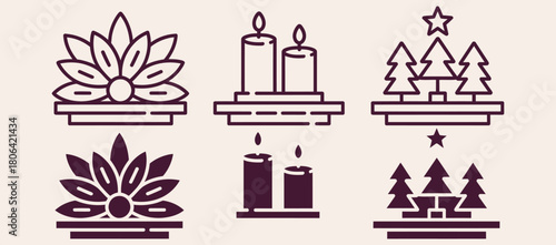 Set of Advent icons including candles Christmas trees and floral arrangements simple vector line art for holiday designs