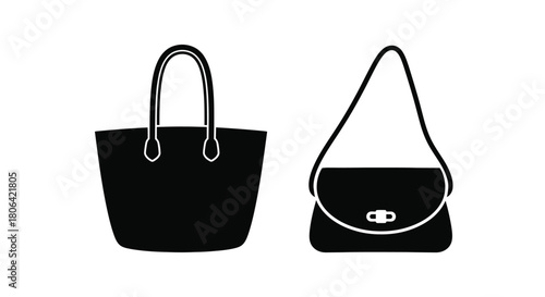 Simple black and white illustrations depicting a tote bag and a shoulder bag