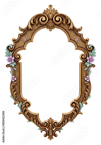 Ornate gold oval frame with floral accents isolated on transparent background.