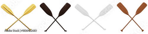 Crossed paddles in gold, wood, white, isolated on transparent background.
