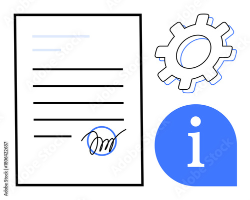 Document featuring signature, gear symbol, and info icon. Ideal for contract, policy, workflow, guidance, agreement terms and compliance themes. Clean and simple flat metaphor