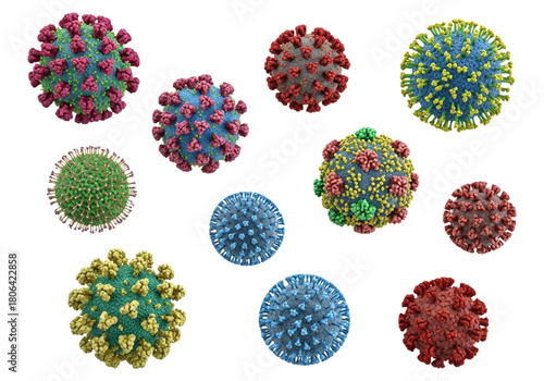 Various virus types, including coronavirus and influenza, isolated on black background.