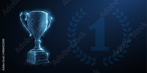 Trophy cup. Abstract vector 3d trophy with laurel wreath isolated background. Champions award, sport victory, winner prize concept. Competition success, first place, best win symbol. Top one number

