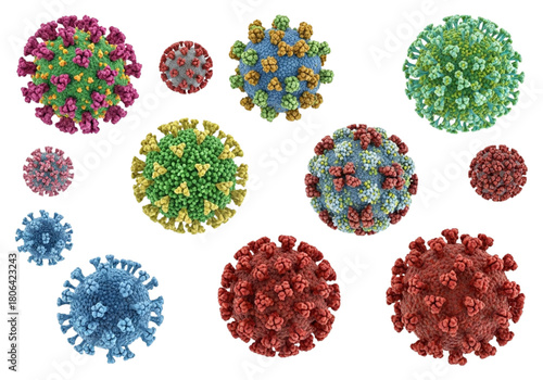 Multiple colorful viruses or bacteria isolated on black background.