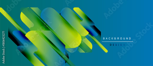 Abstract geometric shapes overlap, creating vibrant gradients. Blue background complements green, yellow hues. Modern design element.