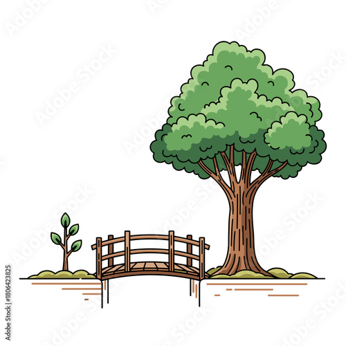 Bridge connecting sapling to full-grown tree in serene landscape  