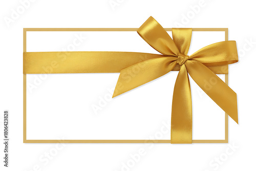 Fototapeta Naklejka Na Ścianę i Meble -  Golden ribbon tied in a bow on a blank gift card isolated on white background