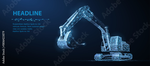 Excavator. Abstract vector 3d excavator isolated on blue background. Construction, building, heavy machine, industrial machinery, mining concept illustration

