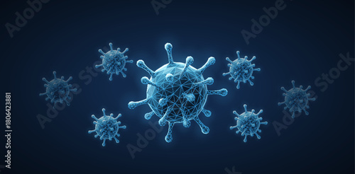 Virus. Abstract vector 3d microbe isolated on blue background. Computer virus, allergy bacteria, medical healthcare, microbiology concept. Disease germ, pathogen organism, infectious micro virology

