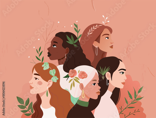 Diverse Women Portrait Illustration: Multicultural Sisterhood and Femininity