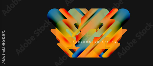 Abstract geometric shapes overlap, creating vibrant color gradients. Design features orange, blue, yellow hues on dark background.