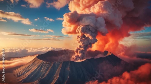 Erupting volcano spewing volcanic ash and smoke against a colorful sunset sky showcasing dramatic cloud formations glowing warm colors and the rugged terrain of the volcano's crater and slopes.