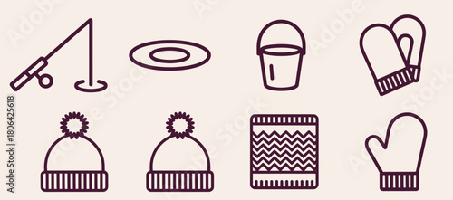 Set of winter fishing icons vector line art illustration perfect for app and web design