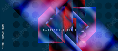 Abstract geometric shapes, vibrant colors, modern design. Blue, pink, red gradients create dynamic composition. Minimalist style.