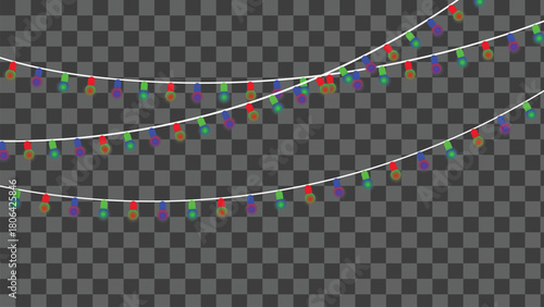 Colorful festive string lights illustration, transparent background