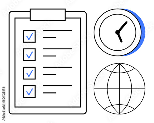 Clipboard checklist with blue ticks, clock indicating time, globe symbolizing worldwide coverage. Ideal for time tracking, productivity, goals, global business, organization, efficiency simple flat