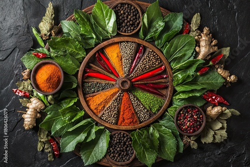 Fototapeta Naklejka Na Ścianę i Meble -  Radial spice wheel with fresh herbs and dried chilies surrounding colorful ground spices on dark wood