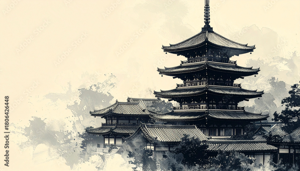 Fototapeta premium Traditional pagodas surrounded by misty landscape