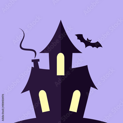 Silhouette of a spooky house with bat on a light purple background.