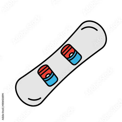 A white snowboard with red and blue bindings isolated on white background.