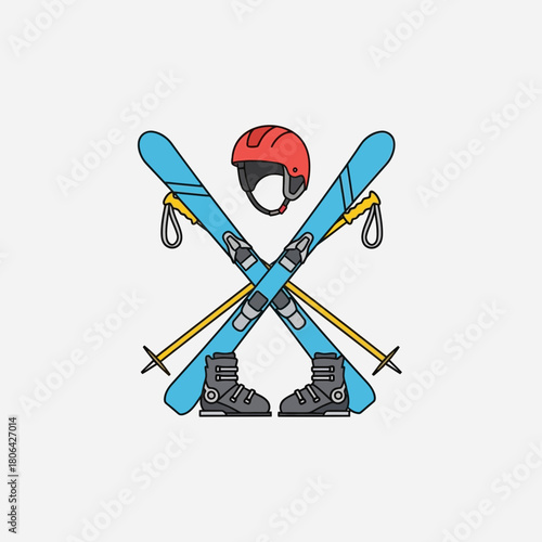 Ski equipment including skis boots helmet and poles arranged in a cross.