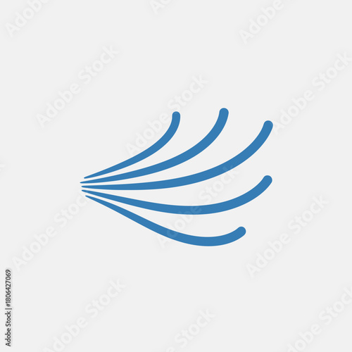 Blue curved lines emanate from a central point on a white background.