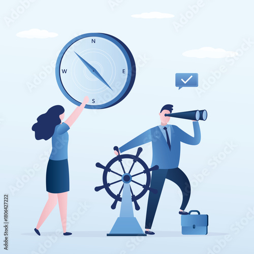 business people choose direction for business. Entrepreneurs use binoculars and compass for finding route, search for right way of business development. Leader uses rudder