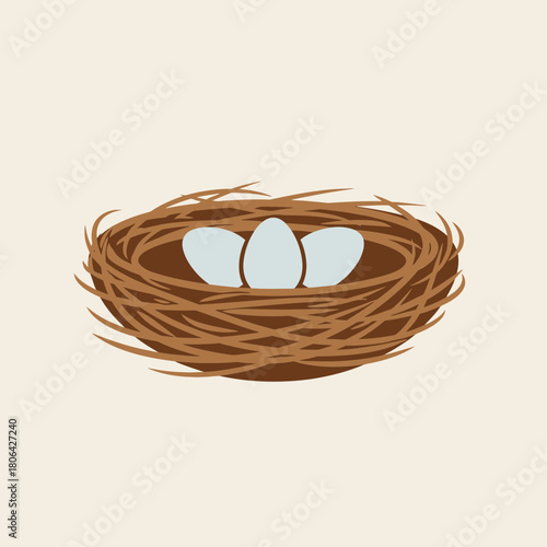 A bird nest with three eggs inside on a light background.