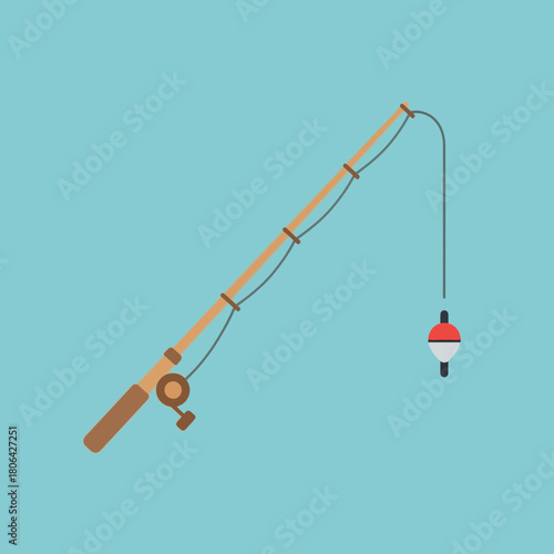 Fishing rod with line and bobber against a light blue background.