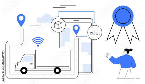 Delivery truck on mapped route with location pins, tablet interface, wireless signals, certificate icon, and person pointing. Ideal for logistics, innovation, delivery apps, e-commerce technology