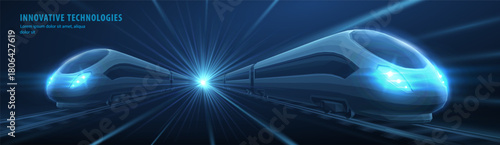 Two trains moving from light shine on high speed intercity railway. Train logistic, digital futuristic technology, future electric city transport, innovate technology, subway way concept. 3d on blue

