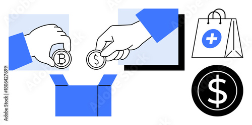 Hands placing coins featuring dollar and bitcoin into a box, symbolizing financial contributions and transactions. Includes a shopping bag and currency sign. Ideal for finance, charity, e-commerce