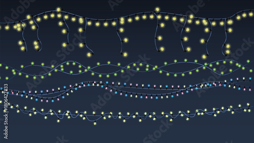 String Lights Background Abstract vector illustration of a dark blue night sky with golden stars, glittering snow particles, and winter holiday magic