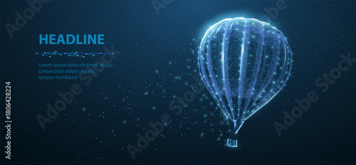 Hot air balloon and clouds on blue night sky backgrownd. Airship craft, fantasy journey, travel concept. Dream symbol. 3d low pole illustration. Follow four dream concept for slogan

