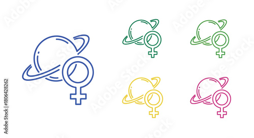Colorful representations of the female gender symbol with planetary orbits