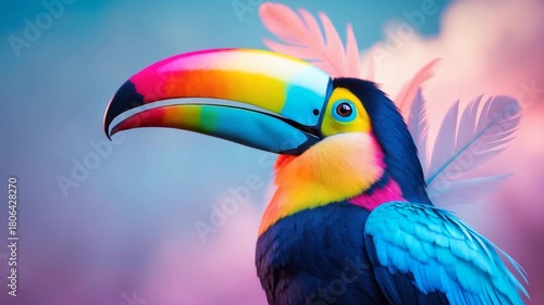 Close-up of a vibrant multicolored toucan displaying its striking beak and vivid plumage against a dreamy pastel background featuring soft lighting and feather-like textures showcasing visual