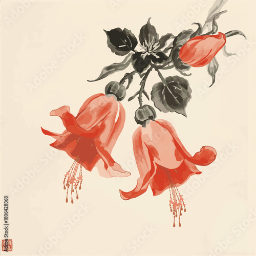 Vector illustration of sumi-e of bellflower