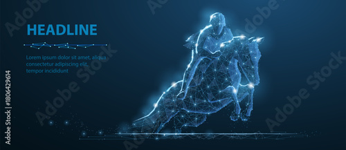 Jumping race horse with rider on blue. Low pole. Horse riding, equestrian sport, good luck, digital technology, fortune symbol. Sport background, bet win, dream, derby win, melbourne cup concept.


