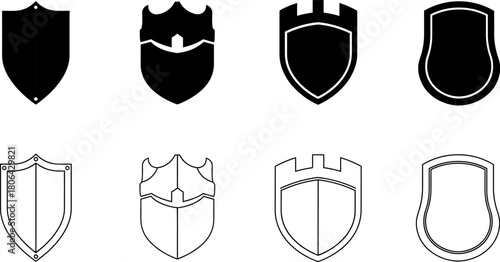 Collection of eight black shield badge icons in a grid layout