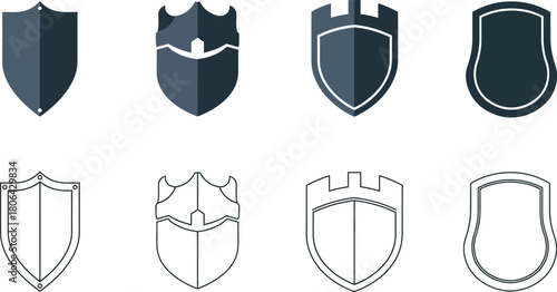 Eight unique shield icons in a clean grid layout