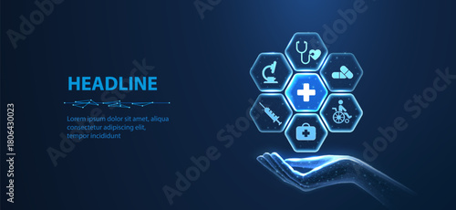 Healthcare system. Medical icons inside hexagons around medical cross and holding hand. Health care plane, patient service digital technology, ai integrate, futuristic pharmacy, innovation, concept

