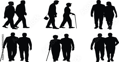 Elderly couple silhouette, walking pose, black graphic, vector illustration, senior gesture, companionship icon, cane support, aging movement, love stanceElderly couple silhouette, walking pose